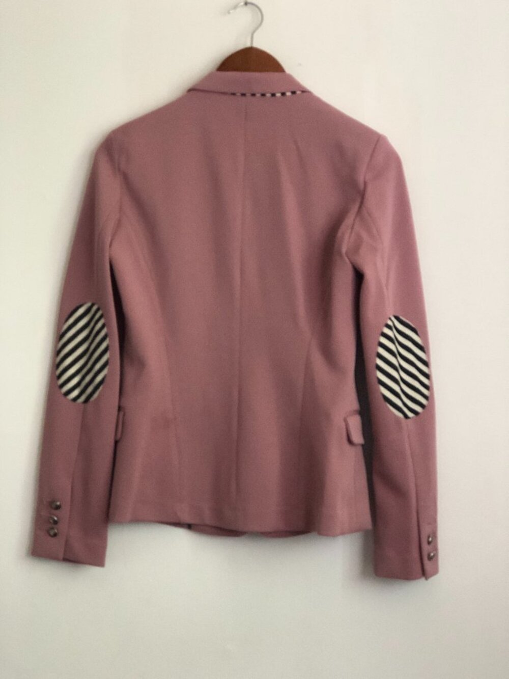 Pink Blazer with Black and White Striped Elbow Patches Medium